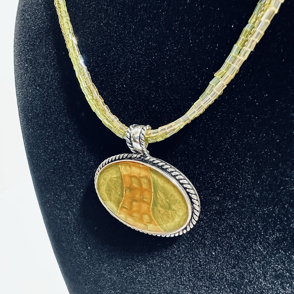 KC Signed Multi Strand Beaded Necklace Green Gold Resin Pendant Boho 18" Unique - Picture 5 of 11